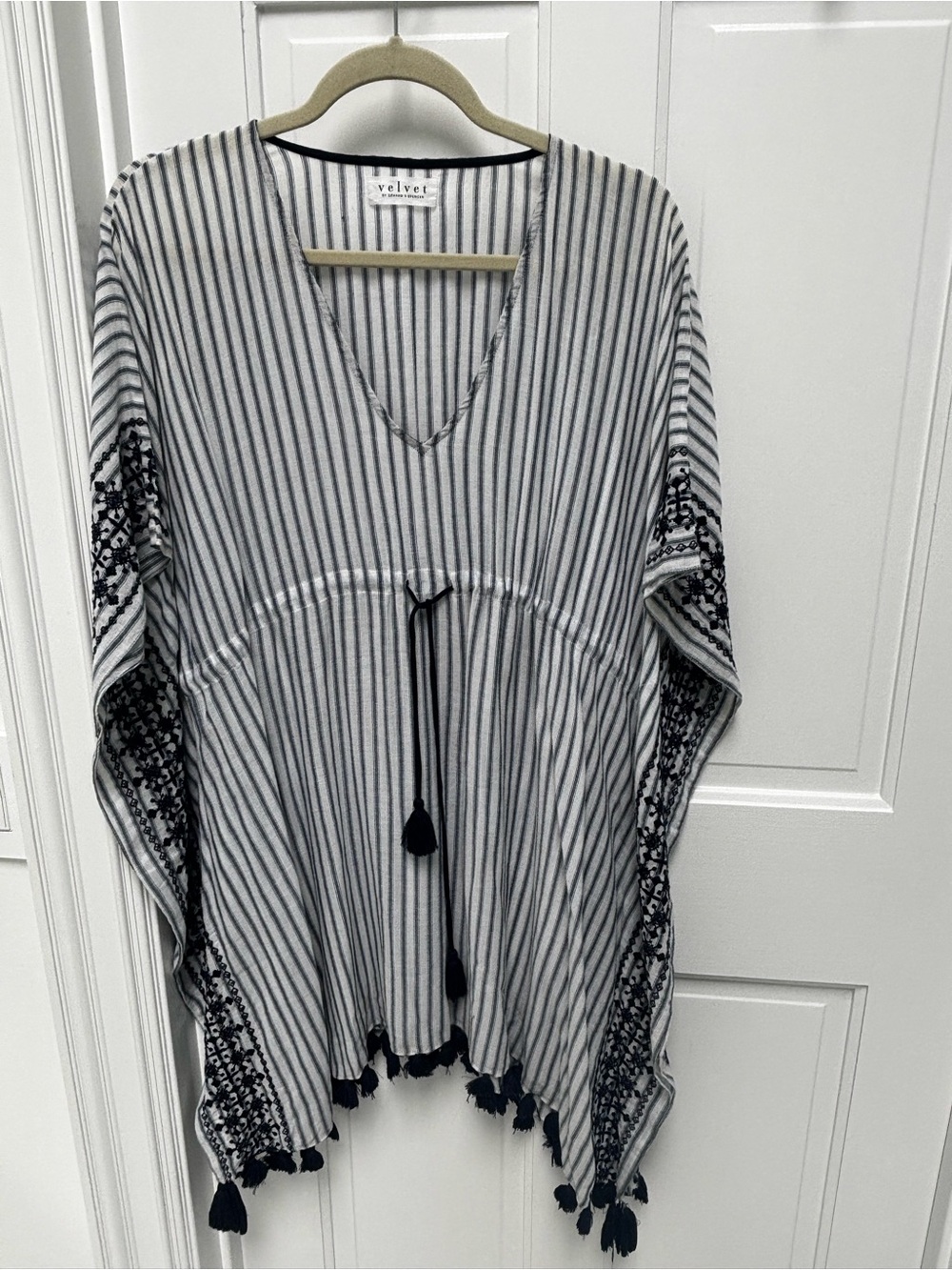 Velvet by Graham & Spencer Black and White Striped V-Neck Poncho with Tassels